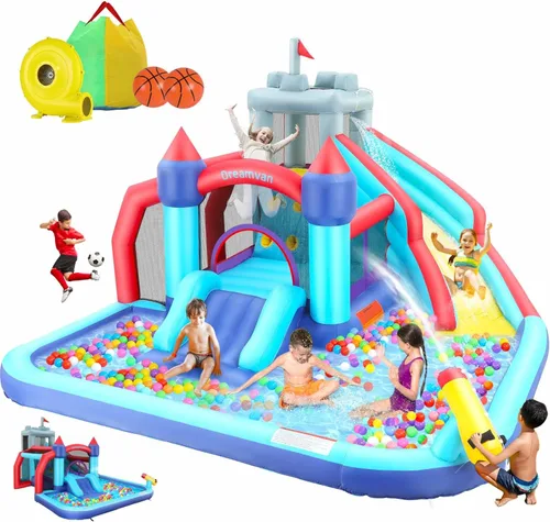 Tobogán acuático inflable, parque acuático de casa de rebote 10 en 1 con pared de escalada con soplador de 580 W, piscina de salpicaduras, cañón,
