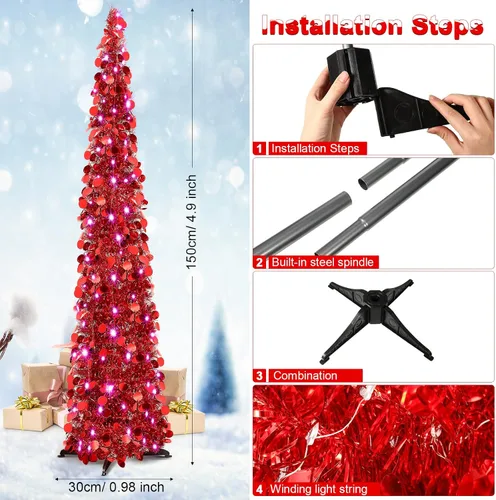 Miniatura 5 de Aoriher Árbol de Navidad de Oropel Emergente Preiluminado de 5 pies, Decoración Reutilizable Plegable con Lentejuelas Artificiales, Árbol Delgado