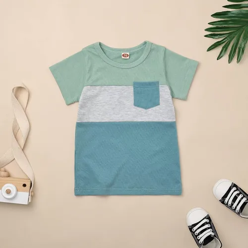 Miniatura 4 de Ropa para bebé niño pequeño, trajes de verano de manga corta, camiseta de retazos y pantalón con bolsillo, conjunto de 2 piezas, 12 meses a 4 años
