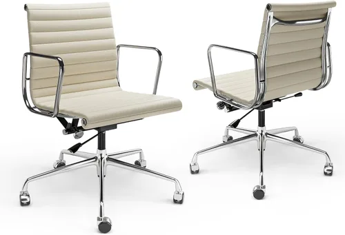 Miniatura 13 de Silla de oficina acanalada con cuero de grano superior, silla de escritorio ergonómica con respaldo alto con brazos y marco de aluminio, ruedas