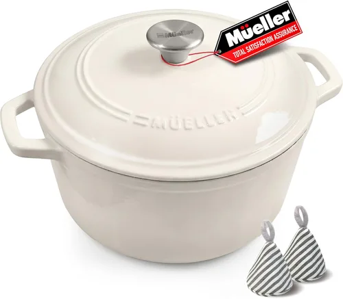 MÜELLERHOME Horno holandés de hierro fundido esmaltado, 6 cuartos de galón, resistente, para horno hasta 500 °F, todas las estufas, cazuela con tapa
