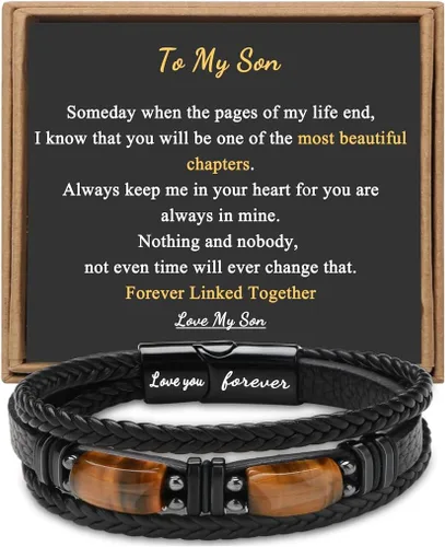 Miniatura 22 de Regalos únicos para hombres, pulsera de cuero para hombres, papá, novio, hijo, nieto, hermano, te amo para siempre, piedra ojo de tigre, día