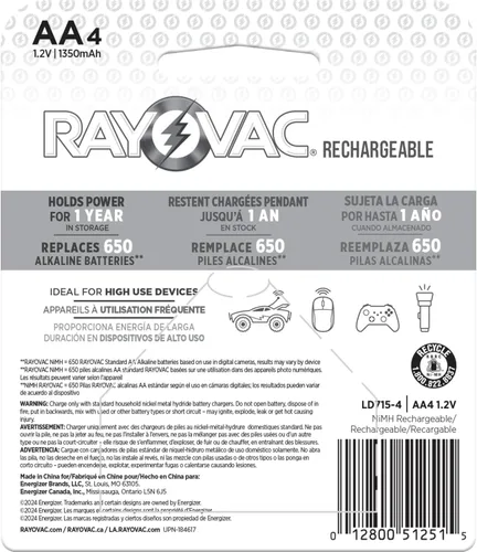 Miniatura 9 de Rayovac Baterías AA recargables, baterías recargables dobles A (4 unidades)