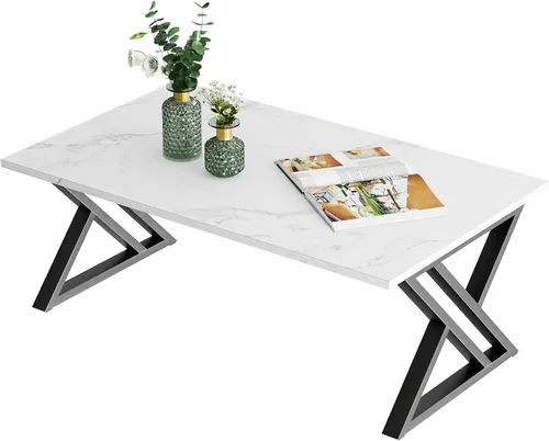 Wolawu Mesa de Café Blanca para Sala de Estar, Mesa Central, Mesa de Té Rectangular Moderna y Simple de Falso Mármol con Estructura de Metal Negro