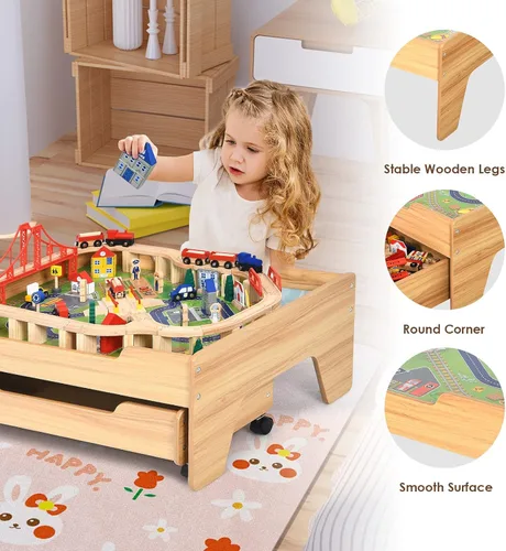 Miniatura 6 de OLAKIDS Mesa de tren, 100 piezas de madera para niños, juego de mesa de actividades con cajón de almacenamiento, pistas de ferrocarril multicolor