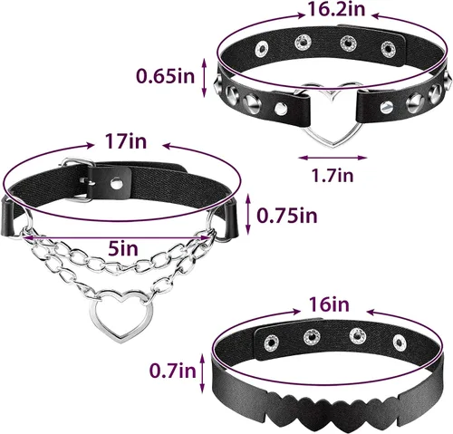 Miniatura 3 de Gargantilla de cuero con tema en forma de corazón de 6 piezas, gargantilla gótica punk ajustable de cuero de la PU (negro), Cuero sintético