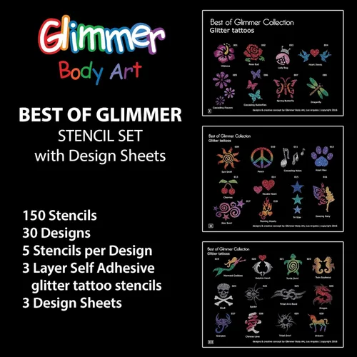 Miniatura 2 de Glimmer Body Art Temporary Tattoo Pro Business Kit - Juego completo con 30 purpurina, 150 plantillas, 3 hojas de diseño, 4 tubos de pegamento, 2