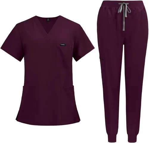 VIAOLI Conjunto de ropa quirúrgica para mujer, camiseta con cuello en V y pantalón deportivo de yoga, uniforme médico de enfermería para mujer,