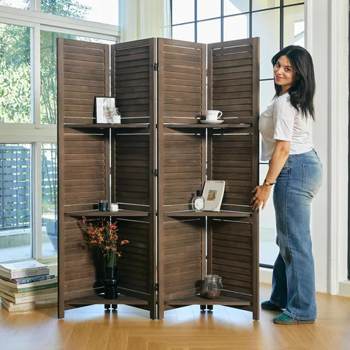 Divisores de habitación, pantalla plegable de privacidad de madera de 67 x 51 pulgadas con tres estantes de exhibición, adecuado para oficina en