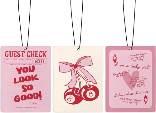 Miniatura 18 de Ambientador de coche Cute Coquette con lazo rosa, ambientador de bola de discoteca Preppy Y2K con tarjeta de acetato de cereza, ambientador colgante