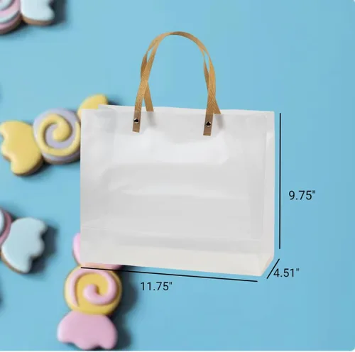 Miniatura 3 de Hammont Bolsas de regalo transparentes esmeriladas – Paquete de 10 – Bolsas reutilizables de plástico con mango de paja marrón – 9.75 x 11.75 x 4.5