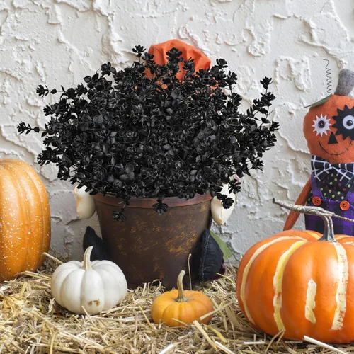 AmyHomie 16 paquetes de flores artificiales de eucalipto negro para exteriores, resistentes a los rayos UV, flores sintéticas que no se decoloran,