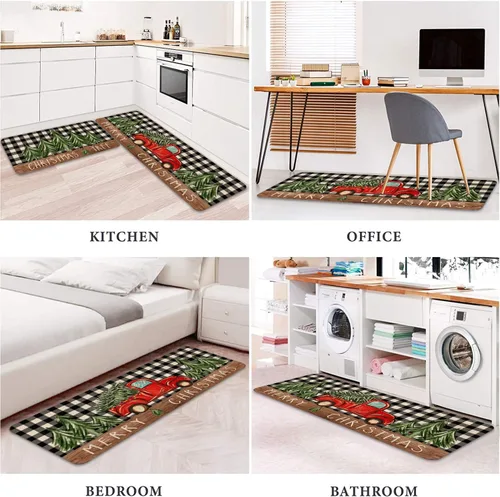 Miniatura 6 de Juego de 2 alfombras de cocina de Navidad, alfombra de cocina roja con diseño de camión y árbol de Navidad para el suelo, alfombra antideslizante