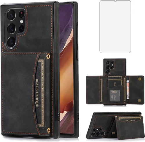 Funda tipo billetera con diseño para Samsung Galaxy S22 Ultra con protector de pantalla de vidrio templado, cuero sintético, soporte para tarjetas