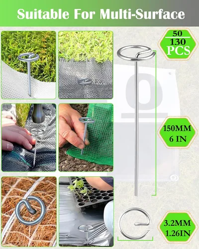 Miniatura 3 de 50 grapas de paisaje + 1 gancho de púa, estacas de tela de paisaje con parte superior circular, grapas de jardín galvanizadas de 6 pulgadas