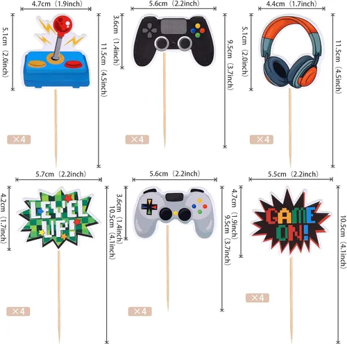 Miniatura 3 de 25 piezas de adornos para cupcakes de videojuegos, adornos para cupcakes de feliz cumpleaños, controladores de juego, adornos para cupcakes