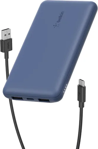 Belkin Cargador portátil, banco de energía USB C de 10000 mAh con 2 puertos USB-A, 15 W con cable tipo C a tipo A - iPhone 17, Air, Pro, Pro Max,