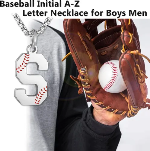Miniatura 6 de Susook Collar con inicial de béisbol para niños, dije de letra A-Z, cadena de acero inoxidable de 22 + 2 pulgadas, regalo de béisbol personalizado