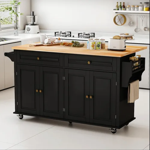Miniatura 12 de Carrito para isla de cocina con almacenamiento y ruedas, isla de cocina rodante grande de 150 cm con hoja abatible, isla móvil para cocina