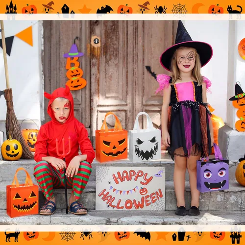 Miniatura 6 de Windyun 48 bolsas no tejidas de Halloween, reutilizables, bolsa de regalo, saco de fantasma, calabaza, fantasma, bolsas multifuncionales con asa