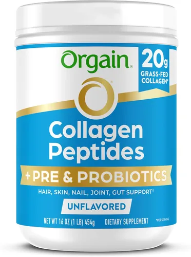 Orgain - Péptidos de colágeno hidrolizado + Polvo de prebióticos y probióticos para mujeres y hombres, 20 g de colágeno alimentado con pasto, 1 mil