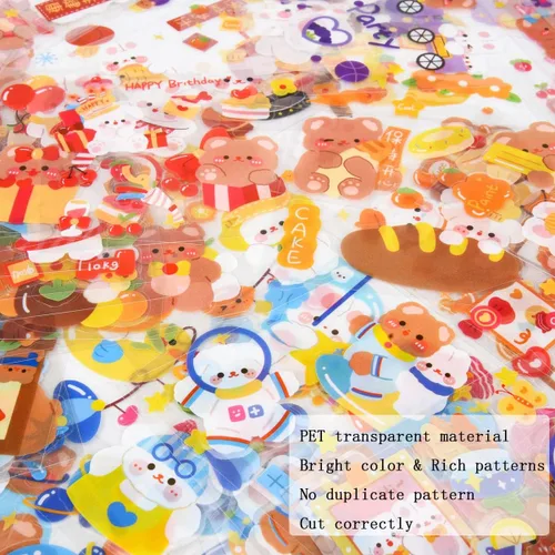 Miniatura 4 de Adhesivos de conejito y oso de dibujos animados lindos, EAMOTOL 100 hojas de animales kawaii transparentes de PET para álbum de recortes, Paraíso