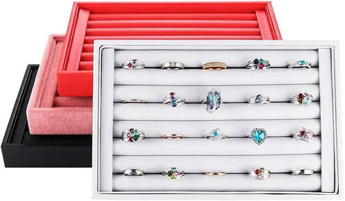 Miniatura 6 de Valyria Bandejas de terciopelo con 7 ranuras para aretes de anillo, exhibición, organizador de joyas (piel sintética blanca)