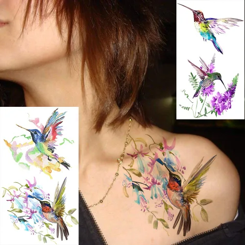 Miniatura 2 de 15 hojas de tatuajes temporales de colibrí de acuarela 3D de FANRUI para mujeres y niñas, pequeño, multicolor, colibrí, tatuaje, temporal, colorido