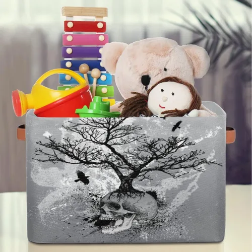 Miniatura 4 de Cesta de almacenamiento de calavera de Halloween, contenedor de almacenamiento plegable de cuervo de árbol de acuarela con asa de tela, caja