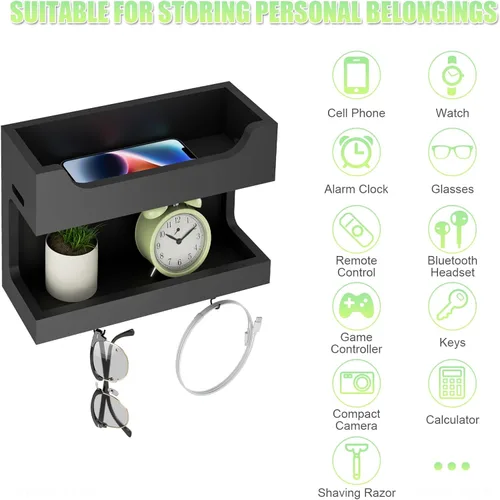 Miniatura 7 de NiHome Organizador de Accesorios para Cama Montado en la Pared, Estantería de Almacenamiento para Mesita de Noche con Dos Bandejas y Ganchos Negro
