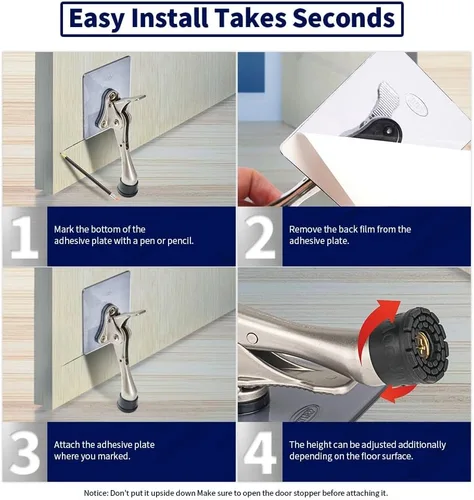 Miniatura 5 de HOME&I Tope de puerta abatible de 4 pulgadas con placa de montaje autoadhesiva grande, tope de puerta ajustable resistente, soporte de puerta Níquel