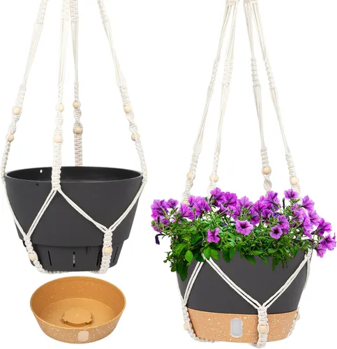 Miniatura 17 de QCQHDU Paquete de 2 macetas colgantes de 10 pulgadas para plantas de interior y exterior, cestas colgantes macetas de flores con bandeja de depósito