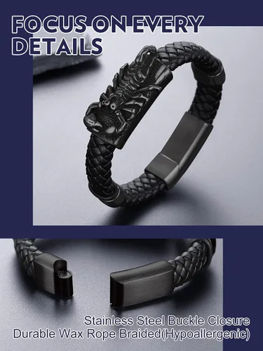 Miniatura 4 de Bandmax Pulsera trenzada de cuero negro para hombre con colgante gótico punk, pulsera de cuero con hebilla de acero inoxidable, paquete de regalo