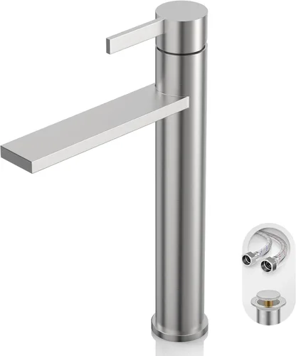 Miniatura 10 de Phiestina FH01-BN-V - Grifo de lavabo de baño de níquel cepillado de un solo agujero, grifo de baño moderno de una sola manija, con drenaje