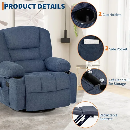 Miniatura 5 de Silla reclinable ancha de gran tamaño, masaje de calor y vibración, silla mecedora giratoria de 360° para adultos, silla reclinable manual de tela