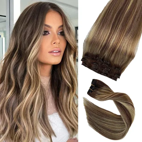 Miniatura 24 de Extensiones de cabello humano real con clip, color blanco hielo, extensiones de cabello humano Remy con clip, 18 pulgadas, 7 piezas, 2.47 oz