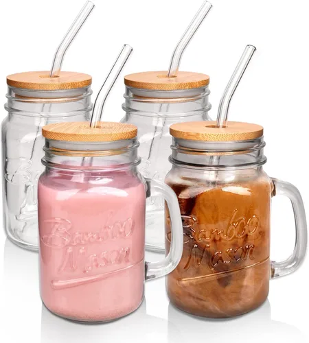ANOTION Vasos para beber Mason Jar – Frascos Mason Jar de vidrio de 16 onzas con tapas y pajitas, taza de café helado, botellas de jugo Mason Jar,