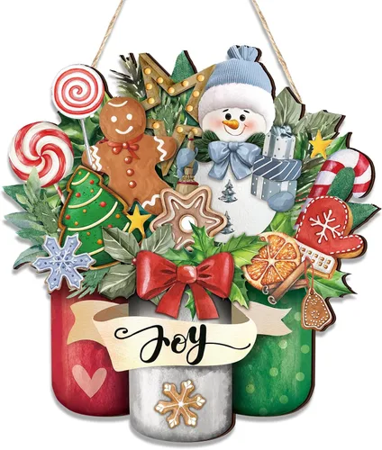 Miniatura 12 de Boao Decoraciones de puerta de Navidad de madera con texto en inglés «Merry Christmas» para puerta delantera, colgador de letrero con lazo rojo a