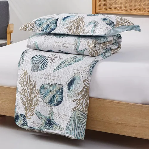 Miniatura 7 de 3 piezas de colcha de conchas de playa tamaño Queen, diseño de tema oceánico, conchas de mar, concha de concha, colcha de verano ligera y delgada