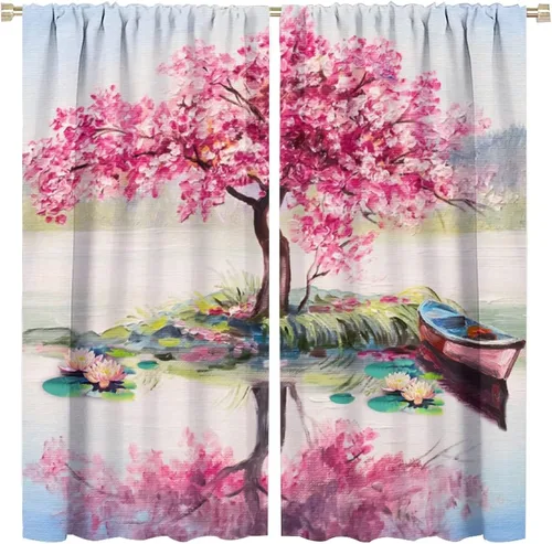 Miniatura 28 de Cortinas opacas con diseño floral de galaxia azul abstracta para dormitorio, cortinas de ventana de teñido anudado con diseño de flor de cerezo