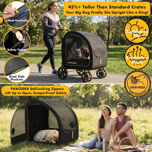 Miniatura 8 de PAWZIDEA Cochecito de perro 3 en 1 para perros grandes con transportador desmontable de hasta 100 libras, 45% extra alto para perros, jaula de auto