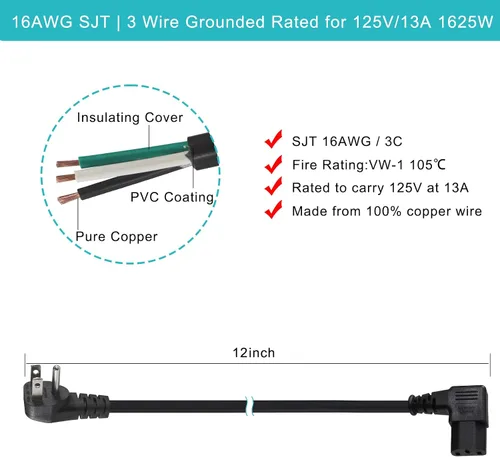 Miniatura 3 de [Paquete de 2] Cable de alimentación para computadora de 90 grados, enchufe plano de perfil bajo de 1 pie a cable de alimentación IEC C13 en ángulo