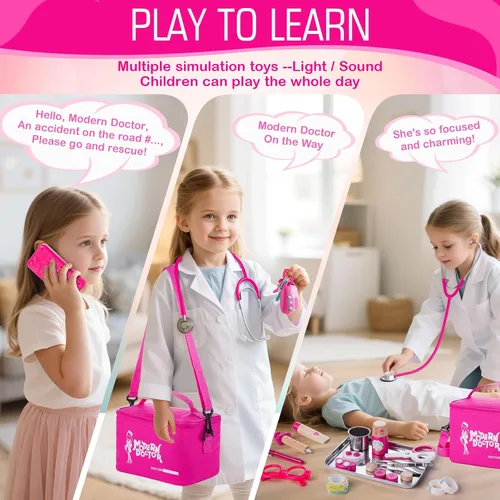 Miniatura 3 de Sundaymot Kit de Doctor para Niñas, 34 piezas juego de simulación, kit de Doctor para niños pequeños de 3 a 5 años, con bolsa médica, estetoscopio