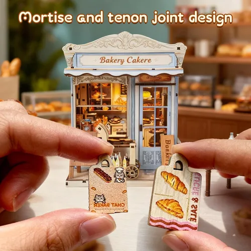 Miniatura 5 de Kit de construcción de casa en miniatura DIY, kit de rincón de lectura de panadería, rompecabezas de madera en 3D para estanterías, kit de casa
