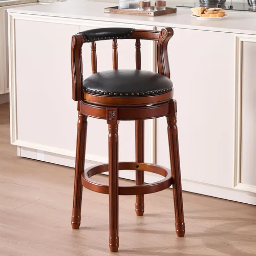 Miniatura 8 de RAINMOOD Juego de 2 taburetes de bar, taburete tapizado de cuero de grano completo, silla de bar negra con respaldo, patas de madera maciza