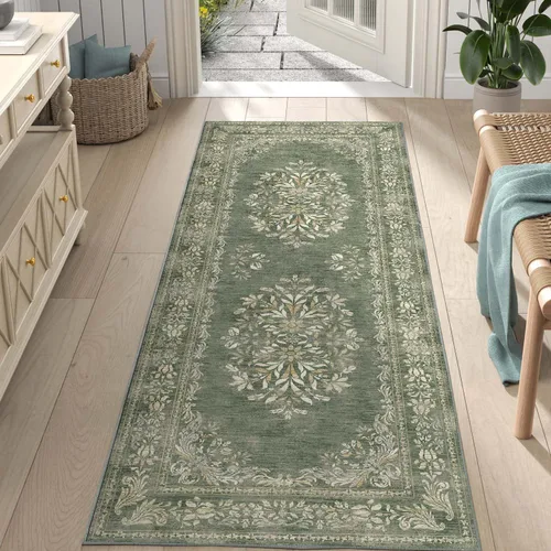 Miniatura 150 de Jinchan Fiora - Alfombra redonda de 8 pies, alfombras vintage con diseño floral envejecido, lavable a máquina, antideslizante, de pelo bajo, Azul