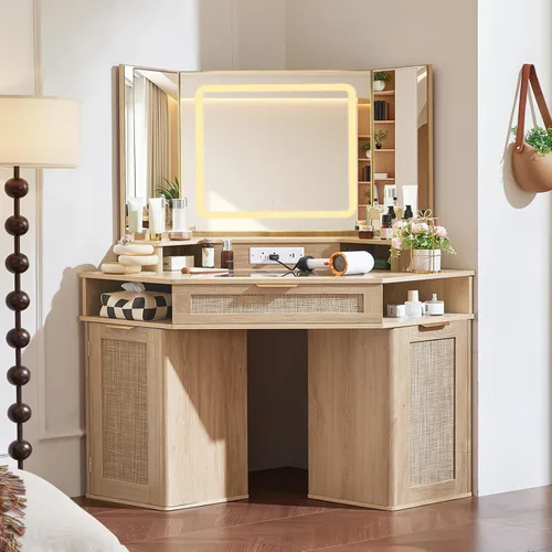 Lerliuo Tocador Esquinero con Espejo de 3 Vías y Luces, Tocador de Maquillaje de Ratán de 46'' con Cajón Superior de Cristal, Gabinetes de Madera