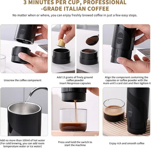 Miniatura 4 de Cafetera portátil recargable de viaje con USB-C, 20 bar, cafetera eléctrica para acampar y viajar, cafetera de coche 3 en 1, compatible con café