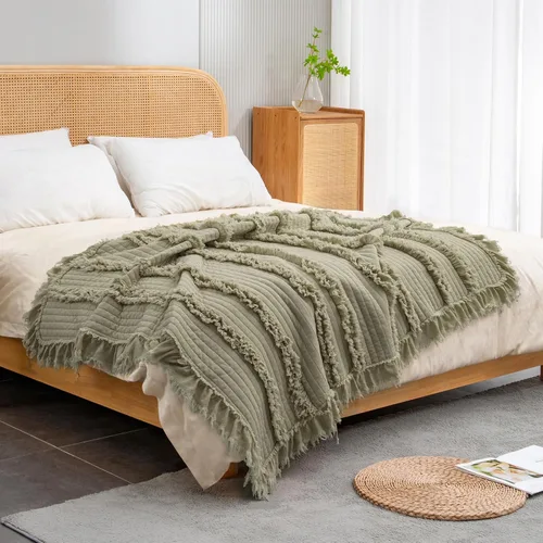 Miniatura 16 de Manta acolchada ultra suave y prelavada de tamaño individual color amarillo bohemio para cama, manta decorativa con flecos con volantes, manta