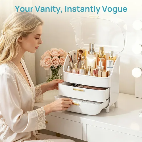 Miniatura 7 de Vtopmart - Organizador de maquillaje y cuidado de la piel de 3 niveles con cajones y tapa para tocador y encimera de baño, caja grande de Blanco